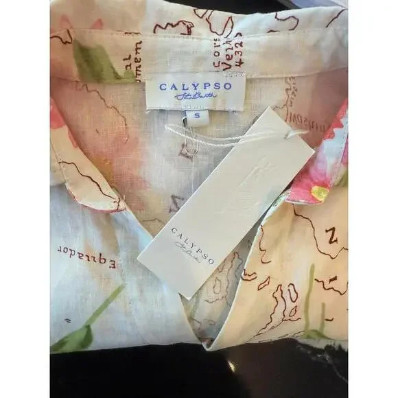 Calypso St.Barth Vibrant Linen Buttton Down Front-Tie Shirt NWT - Picture 7 of 8